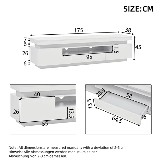 Móvel de TV 175x38x45 cm - 2 armários em L, 1 gaveta, com LED, adequado para TV de 75 - Branco Móvel de TV 175x38x45 cm - 2 armários em L, 1 gaveta, com LED, adequado para TV de 75 - Branco