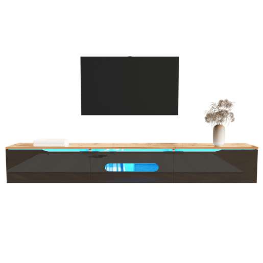 Móvel de TV 180 cm - Superfície de alto brilho, com iluminação LED de 16 cores, montável na parede - Preto, Madeira Móvel de TV 180 cm - Superfície de alto brilho, com iluminação LED de 16 cores, montável na parede - Preto, Madeira
