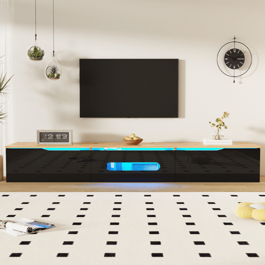 Móvel de TV 180 cm - Superfície de alto brilho, com iluminação LED de 16 cores, montável na parede - Preto, Madeira Móvel de TV 180 cm - Superfície de alto brilho, com iluminação LED de 16 cores, montável na parede - Preto, Madeira