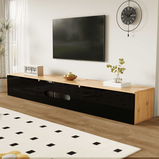 Móvel de TV 180 cm - Superfície de alto brilho, com iluminação LED de 16 cores, montável na parede - Preto, Madeira Móvel de TV 180 cm - Superfície de alto brilho, com iluminação LED de 16 cores, montável na parede - Preto, Madeira