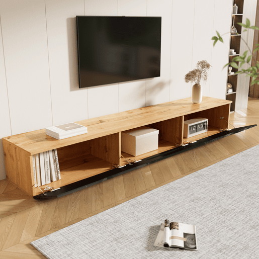 Móvel de TV 180 cm - Superfície de alto brilho, com iluminação LED de 16 cores, montável na parede - Preto, Madeira Móvel de TV 180 cm - Superfície de alto brilho, com iluminação LED de 16 cores, montável na parede - Preto, Madeira