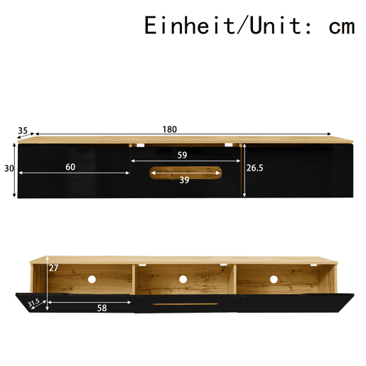 Móvel de TV 180 cm - Superfície de alto brilho, com iluminação LED de 16 cores, montável na parede - Preto, Madeira Móvel de TV 180 cm - Superfície de alto brilho, com iluminação LED de 16 cores, montável na parede - Preto, Madeira