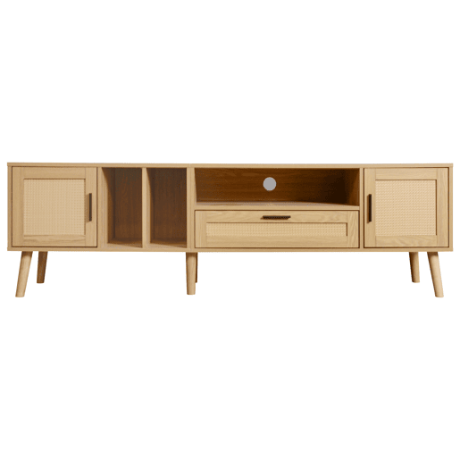 Suporte para TV 180cm decorado com rotim - 2 portas e 1 gaveta - pés de madeira maciça - Natural