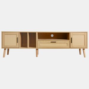 Suporte para TV 180cm decorado com rotim - 2 portas e 1 gaveta - pés de madeira maciça - Natural