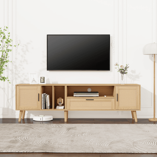 Suporte para TV 180cm decorado com rotim - 2 portas e 1 gaveta - pés de madeira maciça - Natural