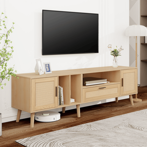 Suporte para TV 180cm decorado com rotim - 2 portas e 1 gaveta - pés de madeira maciça - Natural