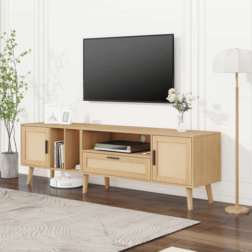 Suporte para TV 180cm decorado com rotim - 2 portas e 1 gaveta - pés de madeira maciça - Natural