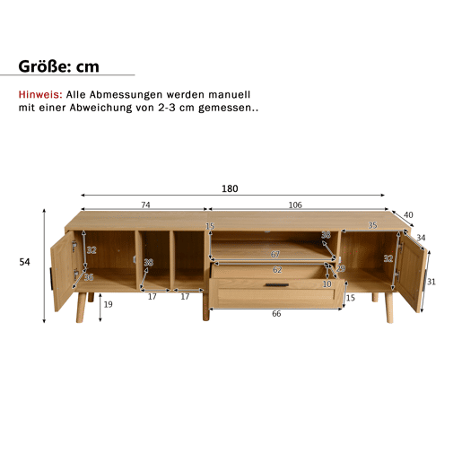 Suporte para TV 180cm decorado com rotim - 2 portas e 1 gaveta - pés de madeira maciça - Natural