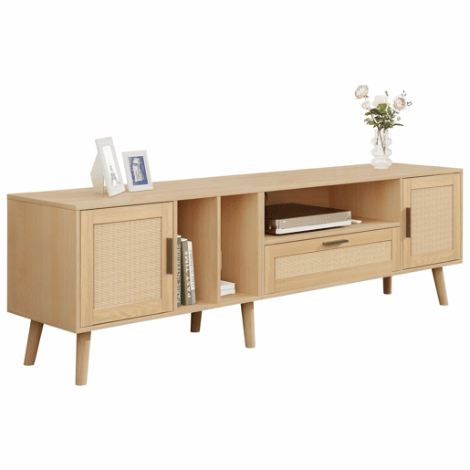 Suporte para TV 180cm decorado com rotim - 2 portas e 1 gaveta - pés de madeira maciça - Natural