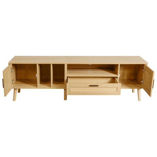 Suporte para TV 180cm decorado com rotim - 2 portas e 1 gaveta - pés de madeira maciça - Natural