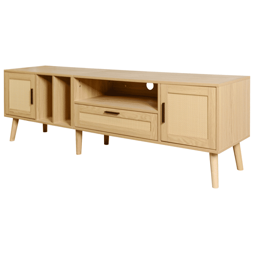 Suporte para TV 180cm decorado com rotim - 2 portas e 1 gaveta - pés de madeira maciça - Natural