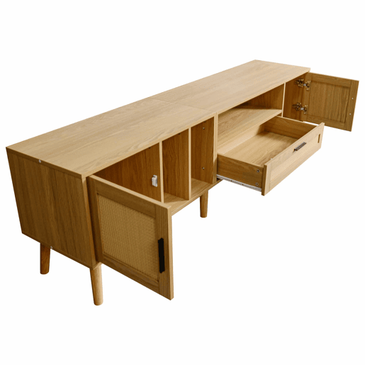Suporte para TV 180cm decorado com rotim - 2 portas e 1 gaveta - pés de madeira maciça - Natural