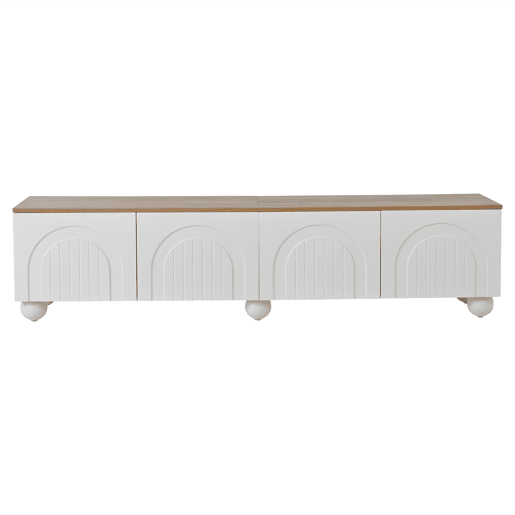 Móvel de TV 180x40x45 cm - 4 armários, 6 pés metálicos, adequado para TV de 80'' - Branco + Natural Móvel de TV 180x40x45 cm - 4 armários, 6 pés metálicos, adequado para TV de 80'' - Branco + Natural