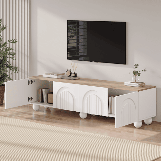 Móvel de TV 180x40x45 cm - 4 armários, 6 pés metálicos, adequado para TV de 80'' - Branco + Natural Móvel de TV 180x40x45 cm - 4 armários, 6 pés metálicos, adequado para TV de 80'' - Branco + Natural