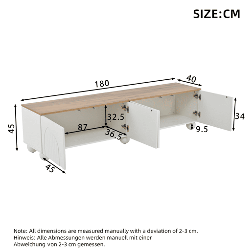 Móvel de TV 180x40x45 cm - 4 armários, 6 pés metálicos, adequado para TV de 80'' - Branco + Natural Móvel de TV 180x40x45 cm - 4 armários, 6 pés metálicos, adequado para TV de 80'' - Branco + Natural
