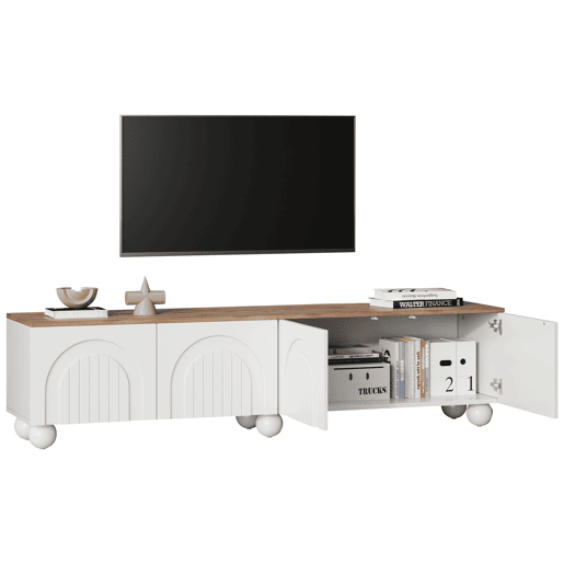 Móvel de TV 180x40x45 cm - 4 armários, 6 pés metálicos, adequado para TV de 80'' - Branco + Natural Móvel de TV 180x40x45 cm - 4 armários, 6 pés metálicos, adequado para TV de 80'' - Branco + Natural