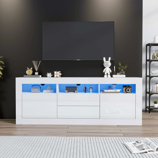 Móvel TV 160 cm adequado para TV de 70u201D - com LED - 2 portas 2 gavetas 3 compartimentos abertos - Branco
