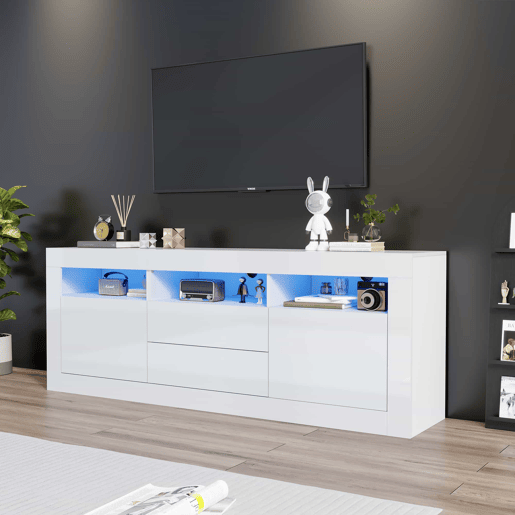 Móvel TV 160 cm adequado para TV de 70u201D - com LED - 2 portas 2 gavetas 3 compartimentos abertos - Branco