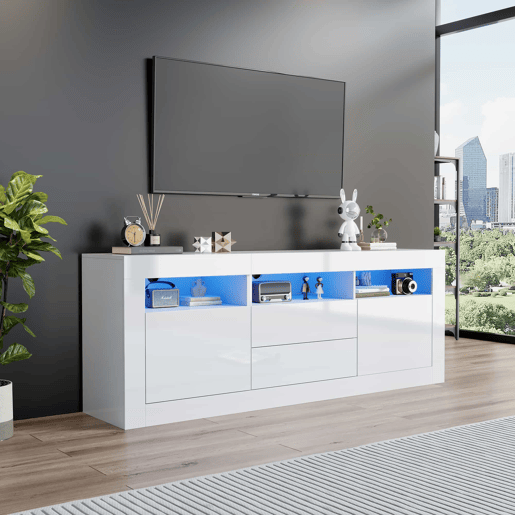 Móvel TV 160 cm adequado para TV de 70u201D - com LED - 2 portas 2 gavetas 3 compartimentos abertos - Branco