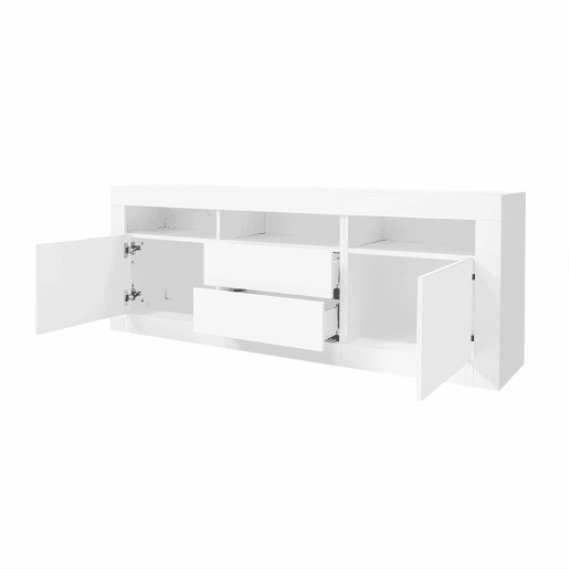 Móvel TV 160 cm adequado para TV de 70u201D - com LED - 2 portas 2 gavetas 3 compartimentos abertos - Branco