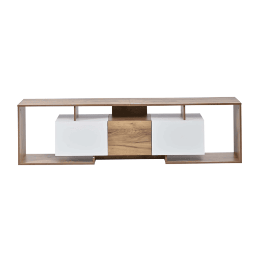 Móvel de TV 180 x 30 x 49 cm - 2 portas basculantes, 1 porta de batente, 3 prateleiras abertas - Branco e madeira natural Móvel de TV 180 x 30 x 49 cm - 2 portas basculantes, 1 porta de batente, 3 prateleiras abertas - Branco e madeira natural