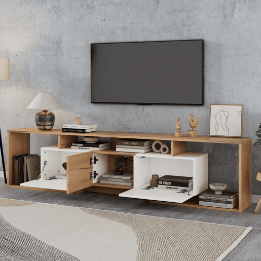 Móvel de TV 180 x 30 x 49 cm - 2 portas basculantes, 1 porta de batente, 3 prateleiras abertas - Branco e madeira natural Móvel de TV 180 x 30 x 49 cm - 2 portas basculantes, 1 porta de batente, 3 prateleiras abertas - Branco e madeira natural