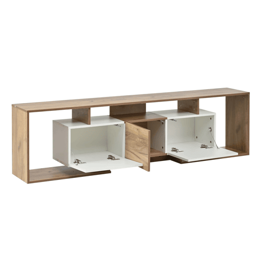 Móvel de TV 180 x 30 x 49 cm - 2 portas basculantes, 1 porta de batente, 3 prateleiras abertas - Branco e madeira natural Móvel de TV 180 x 30 x 49 cm - 2 portas basculantes, 1 porta de batente, 3 prateleiras abertas - Branco e madeira natural