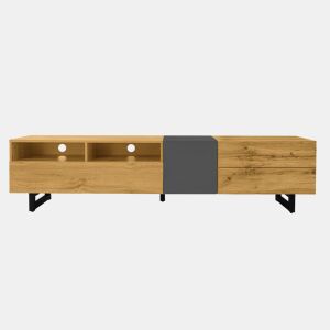 Móvel de TV colorblock - Design contrastante, 3 portas e 2 prateleiras, pés metálicos em U, madeira retro - Cinza escuro antigo, Natural