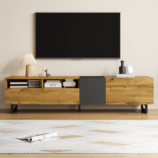 Móvel de TV colorblock - Design contrastante, 3 portas e 2 prateleiras, pés metálicos em U, madeira retro - Cinza escuro antigo, Natural