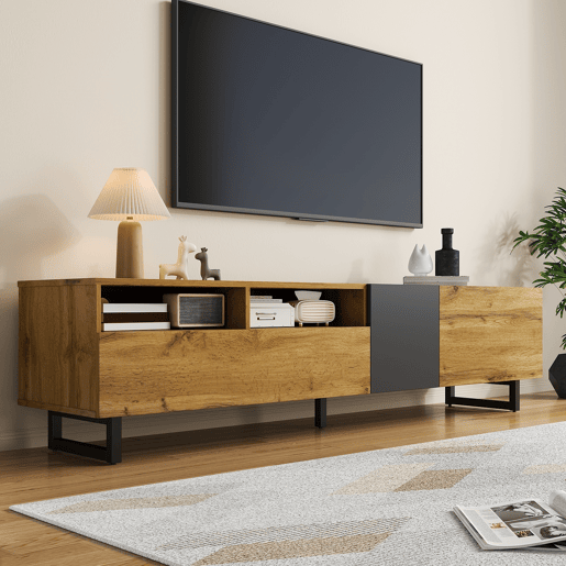 Móvel de TV colorblock - Design contrastante, 3 portas e 2 prateleiras, pés metálicos em U, madeira retro - Cinza escuro antigo, Natural
