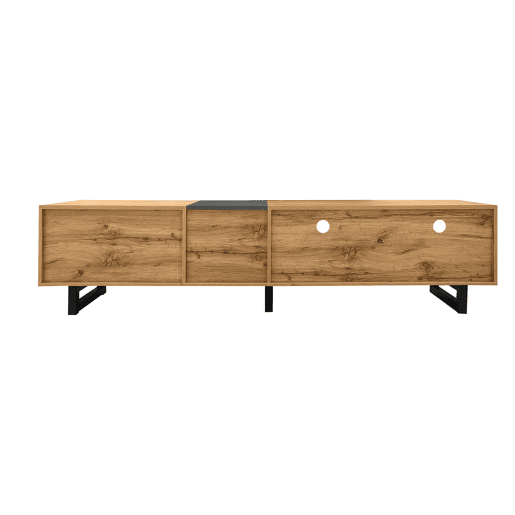 Móvel de TV colorblock - Design contrastante, 3 portas e 2 prateleiras, pés metálicos em U, madeira retro - Cinza escuro antigo, Natural