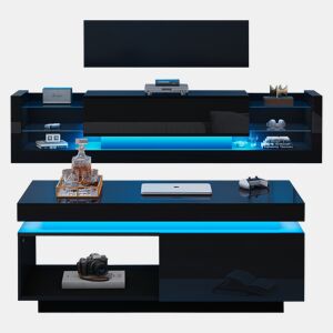 Conjunto de móveis para TV - Móvel para TV preto + Mesa de centro preta, móvel de parede lacado brilhante, conjunto para sala com luzes LED - Preto