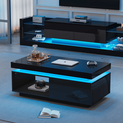 Conjunto de móveis para TV - Móvel para TV preto + Mesa de centro preta, móvel de parede lacado brilhante, conjunto para sala com luzes LED - Preto Conjunto de móveis para TV - Móvel para TV preto + Mesa de centro preta, móvel de parede lacado brilhante, conjunto para sala com luzes LED - Preto