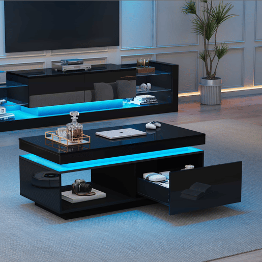 Conjunto de móveis para TV - Móvel para TV preto + Mesa de centro preta, móvel de parede lacado brilhante, conjunto para sala com luzes LED - Preto Conjunto de móveis para TV - Móvel para TV preto + Mesa de centro preta, móvel de parede lacado brilhante, conjunto para sala com luzes LED - Preto