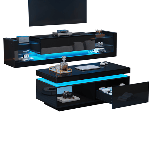 Conjunto de móveis para TV - Móvel para TV preto + Mesa de centro preta, móvel de parede lacado brilhante, conjunto para sala com luzes LED - Preto Conjunto de móveis para TV - Móvel para TV preto + Mesa de centro preta, móvel de parede lacado brilhante, conjunto para sala com luzes LED - Preto