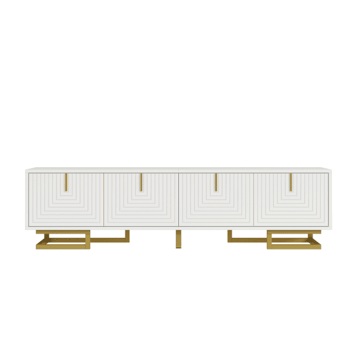 Móvel de TV Lowboard 160 cm - portas estruturadas, puxadores e pés dourados - Branco Móvel de TV Lowboard 160 cm - portas estruturadas, puxadores e pés dourados - Branco