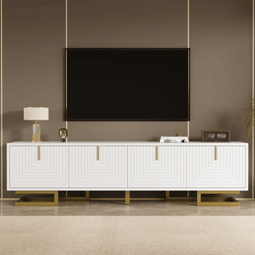Móvel de TV Lowboard 160 cm - portas estruturadas, puxadores e pés dourados - Branco Móvel de TV Lowboard 160 cm - portas estruturadas, puxadores e pés dourados - Branco