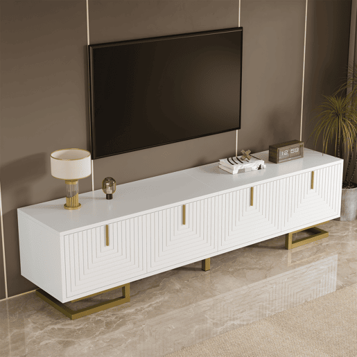 Móvel de TV Lowboard 160 cm - portas estruturadas, puxadores e pés dourados - Branco Móvel de TV Lowboard 160 cm - portas estruturadas, puxadores e pés dourados - Branco