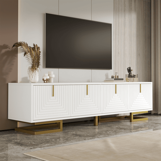 Móvel de TV Lowboard 160 cm - portas estruturadas, puxadores e pés dourados - Branco Móvel de TV Lowboard 160 cm - portas estruturadas, puxadores e pés dourados - Branco