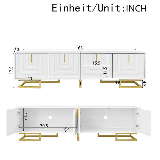 Móvel de TV Lowboard 160 cm - portas estruturadas, puxadores e pés dourados - Branco Móvel de TV Lowboard 160 cm - portas estruturadas, puxadores e pés dourados - Branco