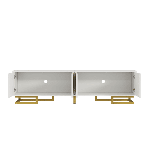 Móvel de TV Lowboard 160 cm - portas estruturadas, puxadores e pés dourados - Branco Móvel de TV Lowboard 160 cm - portas estruturadas, puxadores e pés dourados - Branco