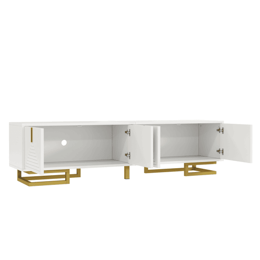 Móvel de TV Lowboard 160 cm - portas estruturadas, puxadores e pés dourados - Branco Móvel de TV Lowboard 160 cm - portas estruturadas, puxadores e pés dourados - Branco
