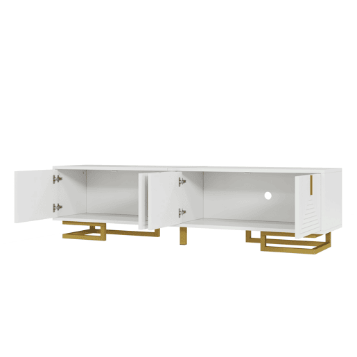 Móvel de TV Lowboard 160 cm - portas estruturadas, puxadores e pés dourados - Branco Móvel de TV Lowboard 160 cm - portas estruturadas, puxadores e pés dourados - Branco