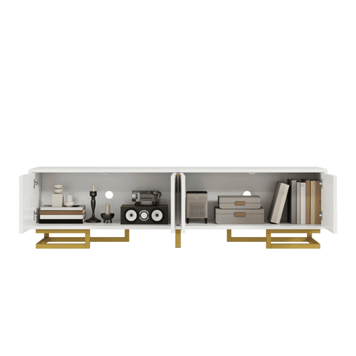 Móvel de TV Lowboard 160 cm - portas estruturadas, puxadores e pés dourados - Branco Móvel de TV Lowboard 160 cm - portas estruturadas, puxadores e pés dourados - Branco