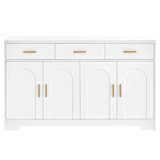 Aparador de sala sem dimensões especificadas - 4 portas arqueadas, 3 gavetas, prateleiras ajustáveis, estrutura em MDF, puxadores metálicos dourados - Branco