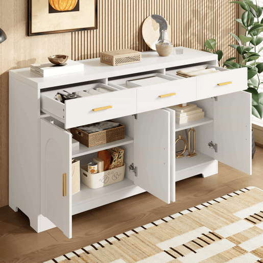 Aparador de sala sem dimensões especificadas - 4 portas arqueadas, 3 gavetas, prateleiras ajustáveis, estrutura em MDF, puxadores metálicos dourados - Branco
