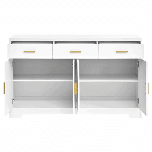 Aparador de sala sem dimensões especificadas - 4 portas arqueadas, 3 gavetas, prateleiras ajustáveis, estrutura em MDF, puxadores metálicos dourados - Branco