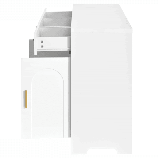 Aparador de sala sem dimensões especificadas - 4 portas arqueadas, 3 gavetas, prateleiras ajustáveis, estrutura em MDF, puxadores metálicos dourados - Branco