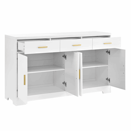 Aparador de sala sem dimensões especificadas - 4 portas arqueadas, 3 gavetas, prateleiras ajustáveis, estrutura em MDF, puxadores metálicos dourados - Branco