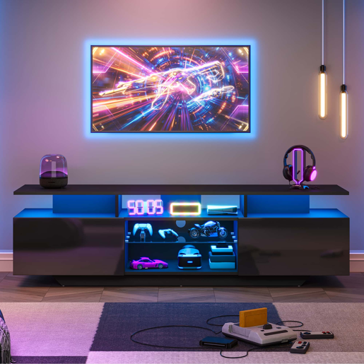 Móvel de TV 160x40x45 cm - com 2 armários, acabamento de alto brilho, faixa de LED, 8 prateleiras, moderno, MDF, para TV de 70 polegadas - preto Móvel de TV 160x40x45 cm - com 2 armários, acabamento de alto brilho, faixa de LED, 8 prateleiras, moderno, MDF, para TV de 70 polegadas - preto